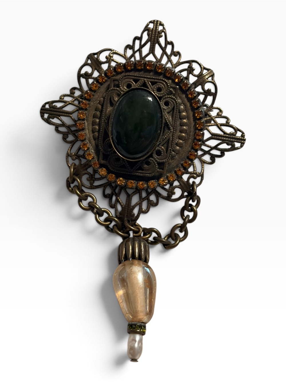 Vintage Sorrelli signed Victorian Revival brooch Green Cabochon Amber Crystal